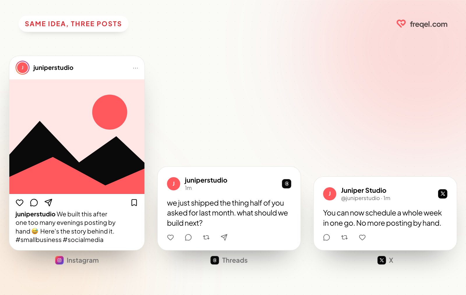 One product update written three ways: an Instagram caption with a story, a casual Threads post asking a question, and a blunt X post.
