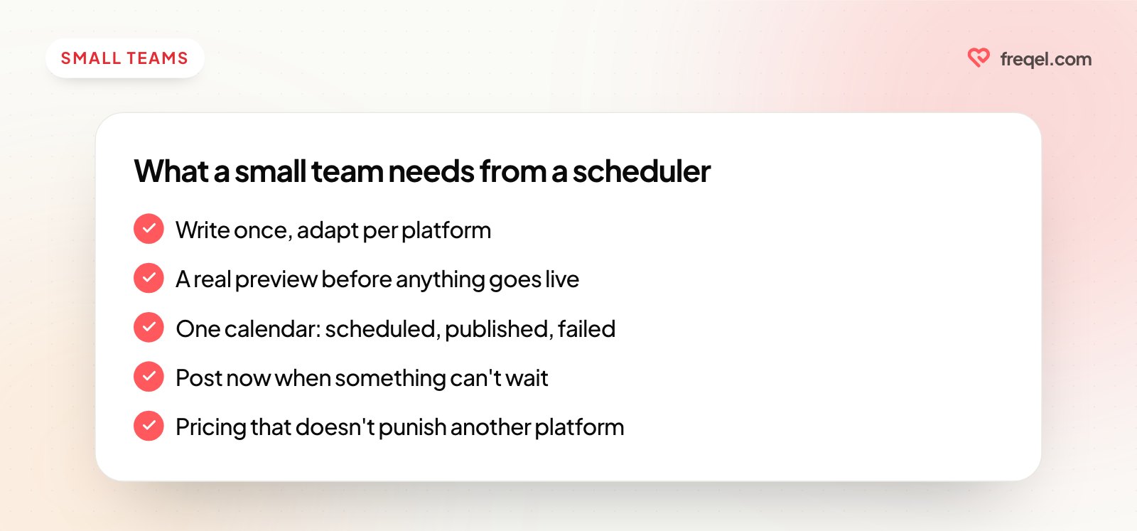 Checklist of what a small team needs from a scheduler: write once and adapt per platform, a preview, one calendar, post now, and predictable pricing.